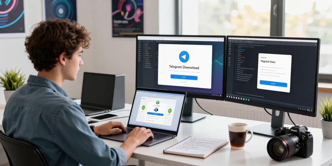 Focus on the Telegram Download process in a modern tech workspace with a developer, coding environment, and instructional materials.