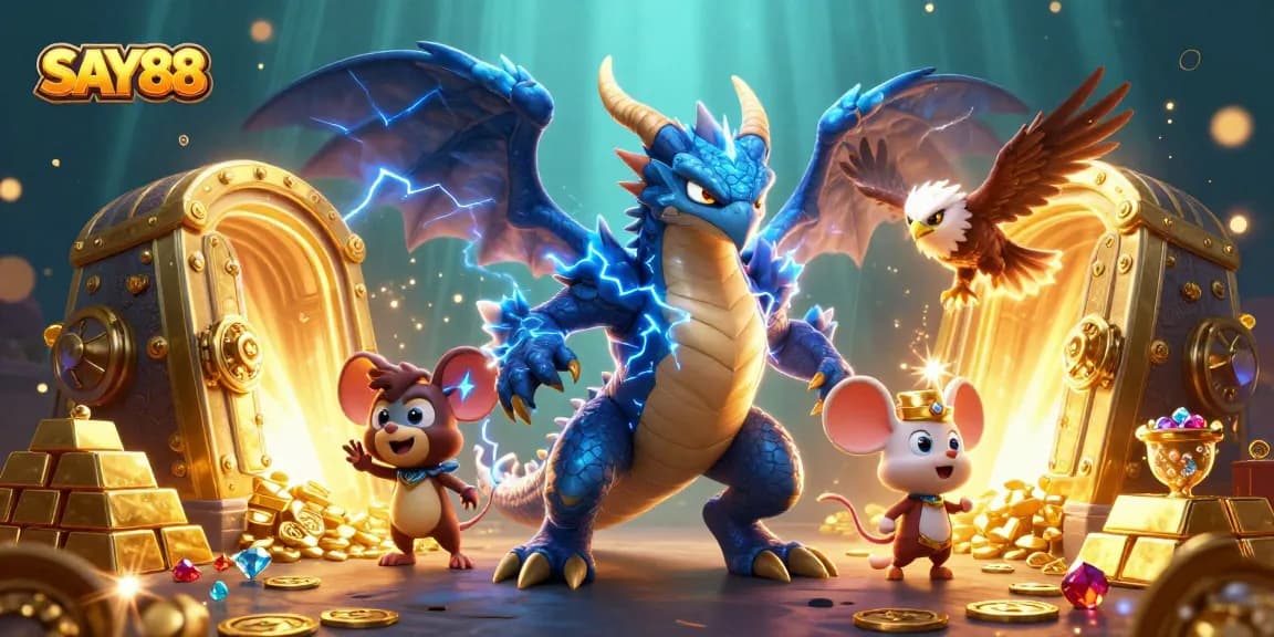 SAY88 features a dynamic illustration with a thunder dragon and glowing hawk amidst treasure, capturing the excitement of online gambling.