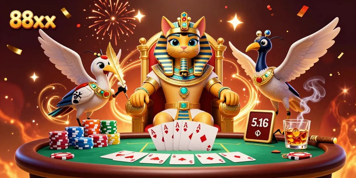 Experience thrilling action at 88xx casino with lively characters, poker elements, and vibrant atmosphere.