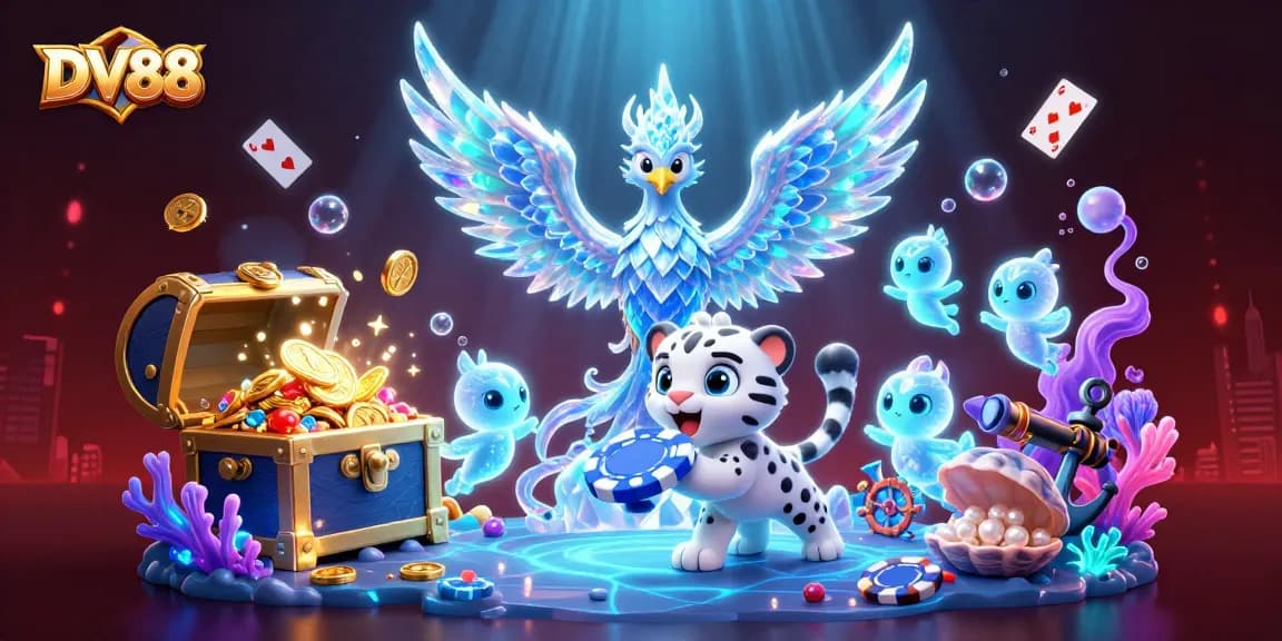 Experience thrilling gameplay at DV88 with an ice phoenix and vibrant casino elements in a dynamic scene.