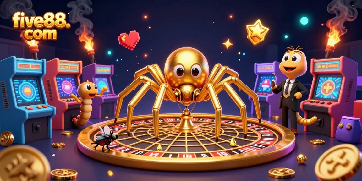 Experience thrilling gameplay at five88. com with a golden spider and croupier in a dynamic casino scene.