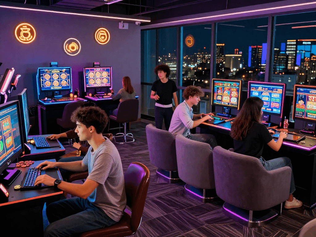 Exciting crypto casino environment featuring friends enjoying virtual games in a lively setting.