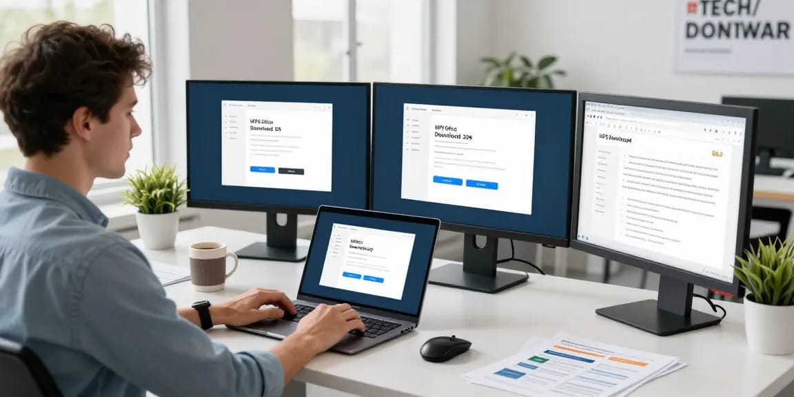 WPS Download setup featuring a user engaging with a laptop, showcasing a modern office workspace.