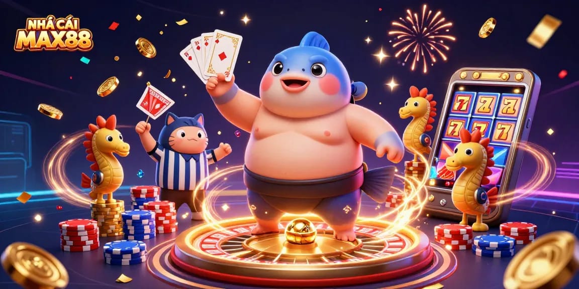 Engage with NHÀ CÁI MAX88 at this vibrant casino scene featuring unique characters and thrilling games.