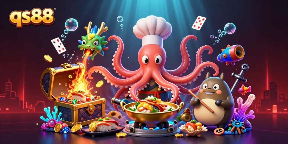 Experience excitement at qs88 with a vibrant underwater casino scene featuring an octopus chef and dragon.