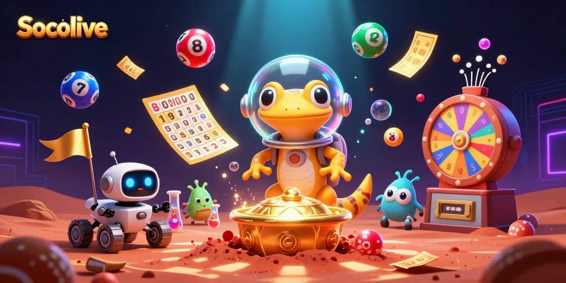 Socolive offers a vibrant scene of a Martian gecko discovering a buried casino surrounded by lottery elements.