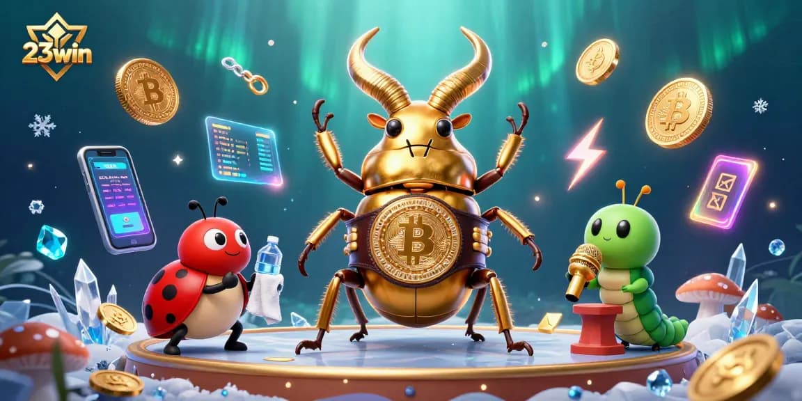 Bet big with 23win in this action-packed casino scene featuring vibrant characters and crypto elements.