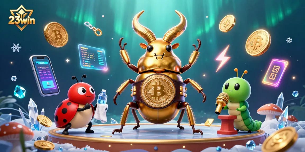 Bet big with 23win in this action-packed casino scene featuring vibrant characters and crypto elements.