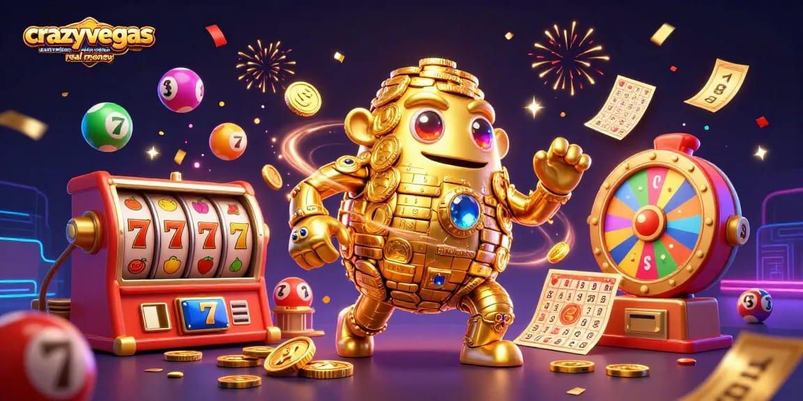An engaging scene showcasing crazyvegas australian online casino real money with a golden golem, dynamic slot reels, and vibrant elements.