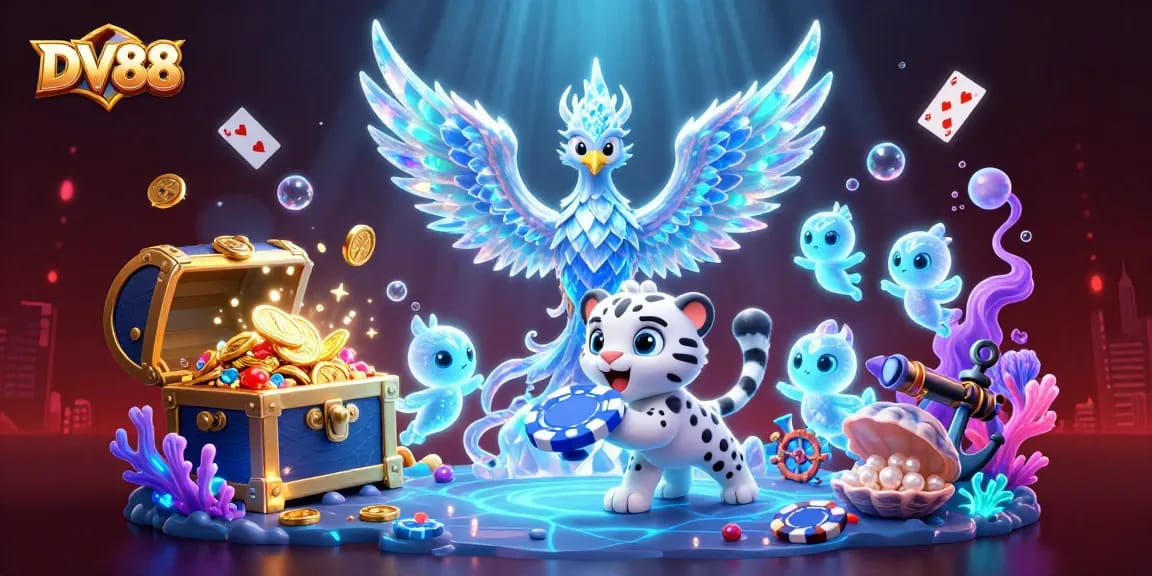 Experience thrilling gameplay at DV88 with an ice phoenix and vibrant casino elements in a dynamic scene.