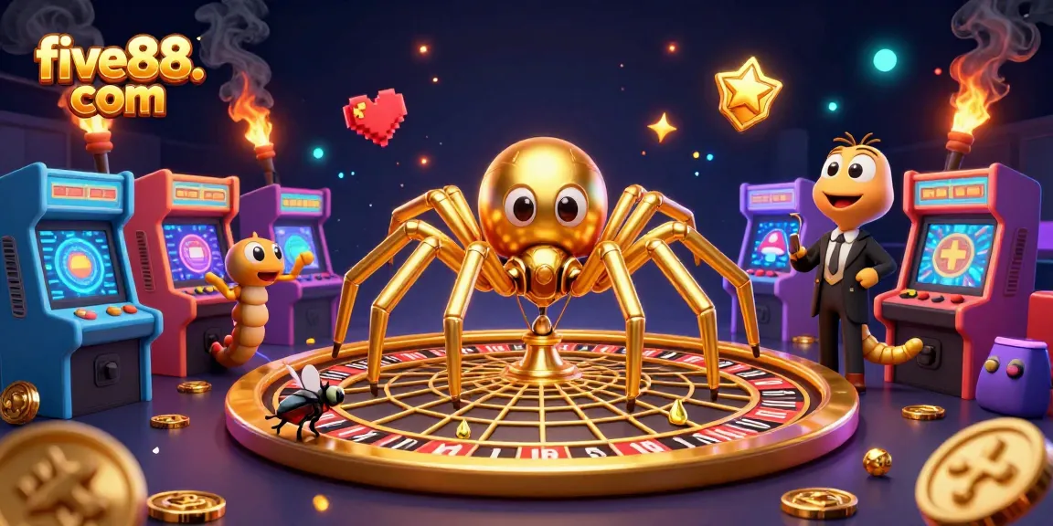 Experience thrilling gameplay at five88. com with a golden spider and croupier in a dynamic casino scene.