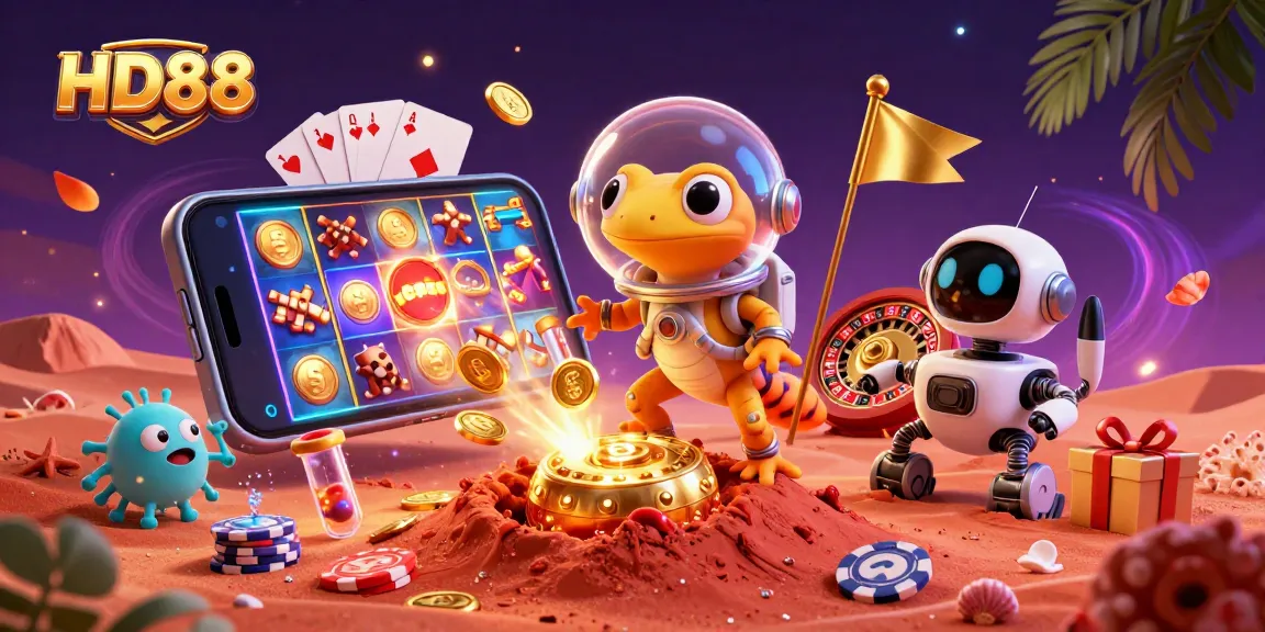 Play engaging games at HD88's golden casino with vibrant illustrations of Martian gecko and engaging elements.