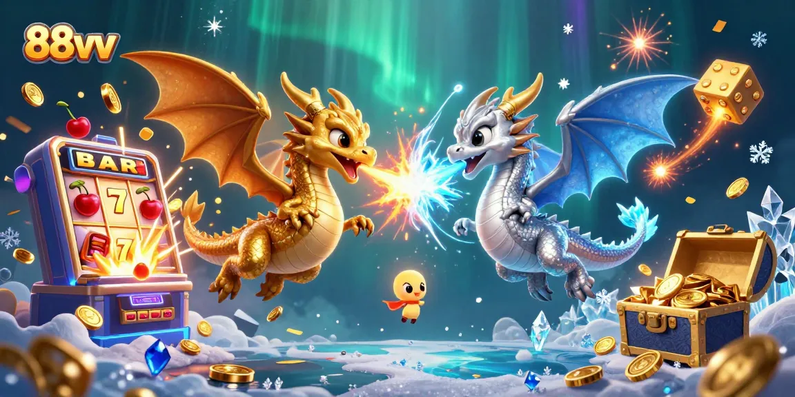Experience thrilling gaming with 88vv as you win big amidst animated dragons and slot machines.