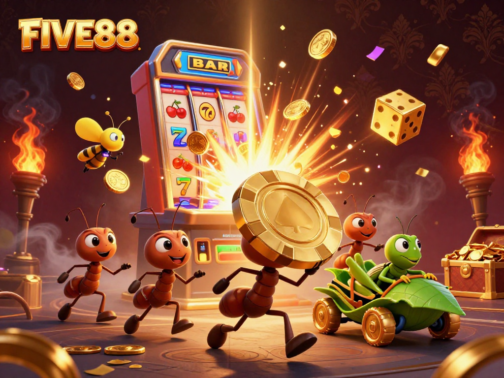 FIVE88-themed illustration showcasing a fun heist scene with ants carrying a giant poker chip amid dazzling casino elements.