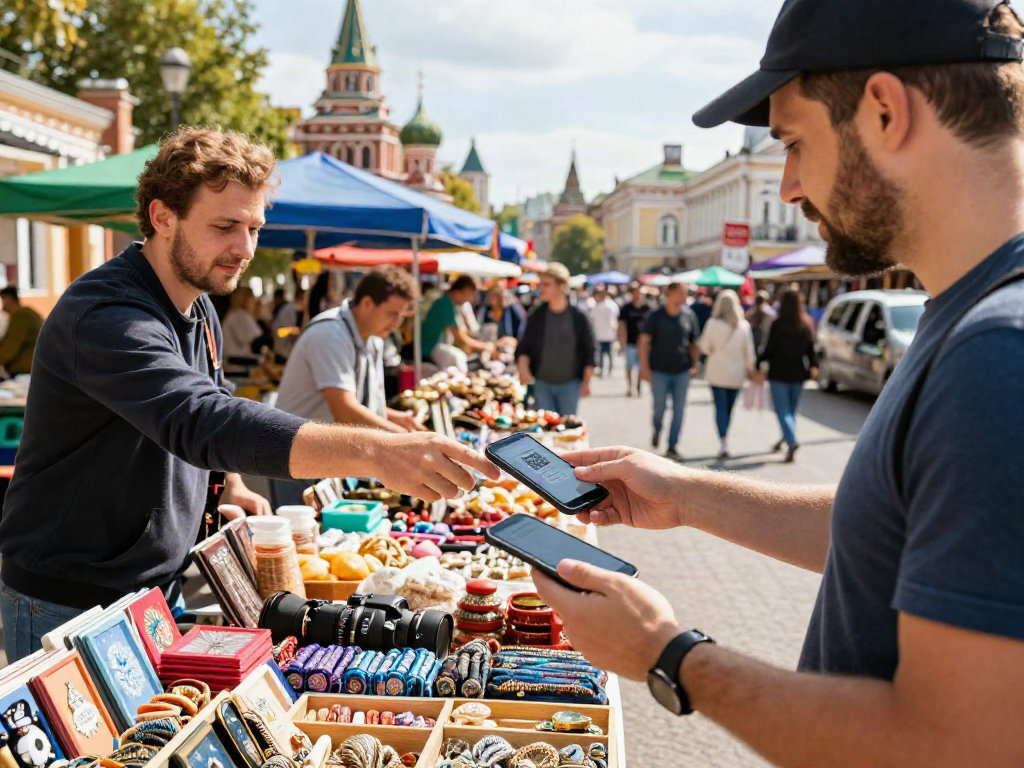 Pago en Rusia utilizando https://payinrussia.com/ en un bullicioso mercado local, mostrando un QR único.