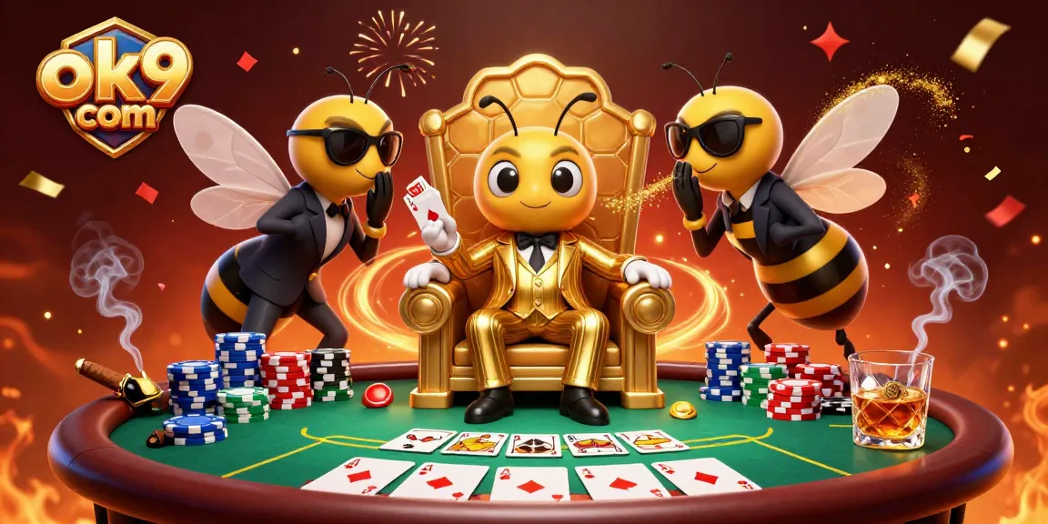 Win big with ok9 com at a vibrant poker scene featuring a cartoon bumblebee mob boss.