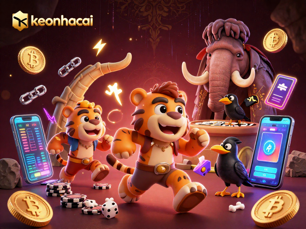 Engage with keonhacai through this vibrant casino scene featuring playful characters and neon crypto elements.