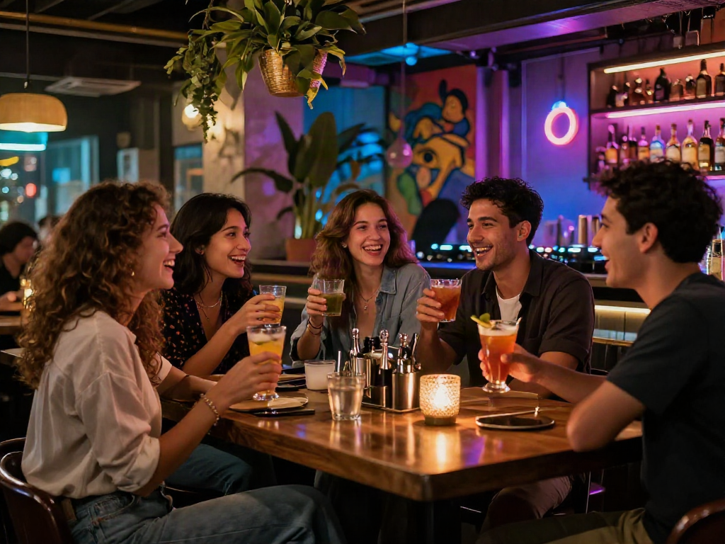 Friends enjoying rokok88 cocktails at a lively urban bar with neon lights and vibrant decor.