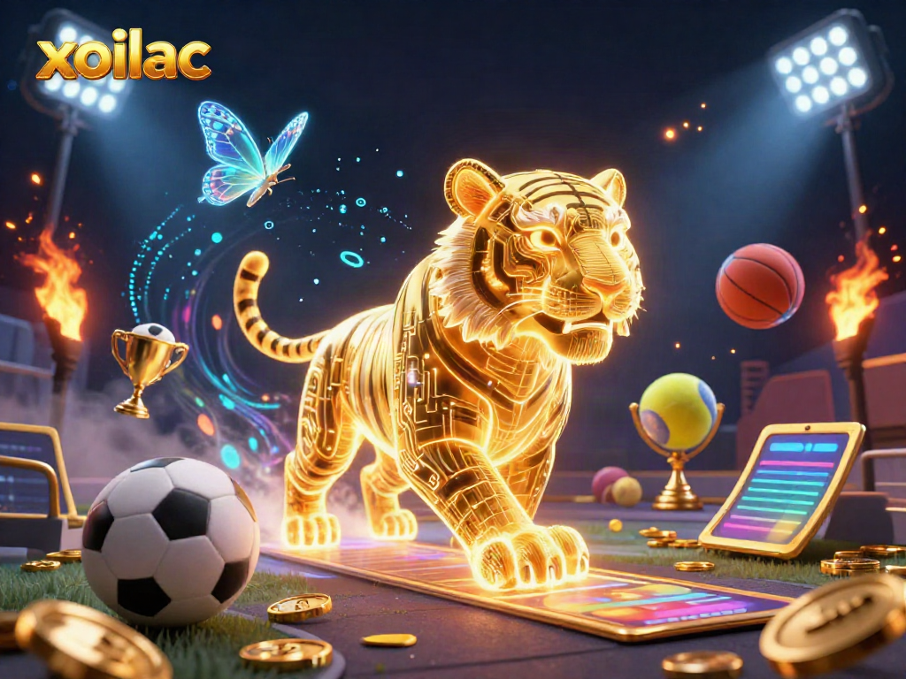 Xoilac offers a vibrant experience in sports betting with the golden tiger prowling through a dynamic scene filled with action.