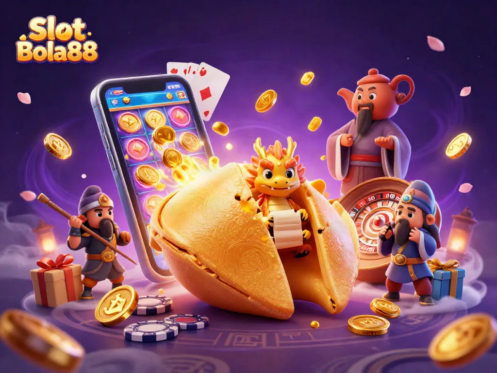 Spin and win at Slot Bola88 with a vibrant golden fortune cookie scene illustrating casino excitement.