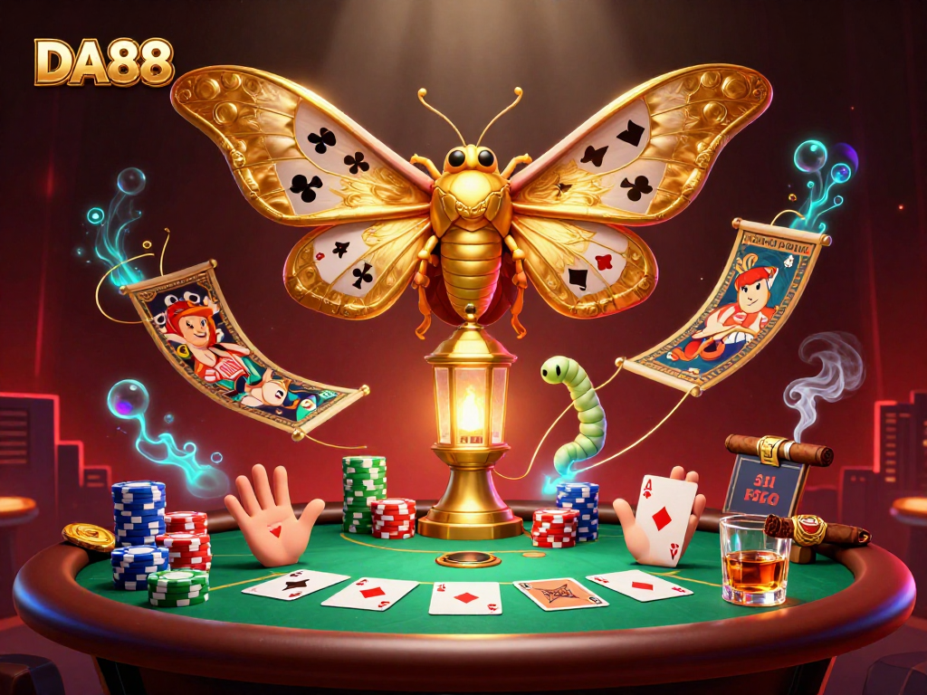 Engage in DA88 poker fun with a vibrant 3D casino-themed illustration showcasing exciting card games.