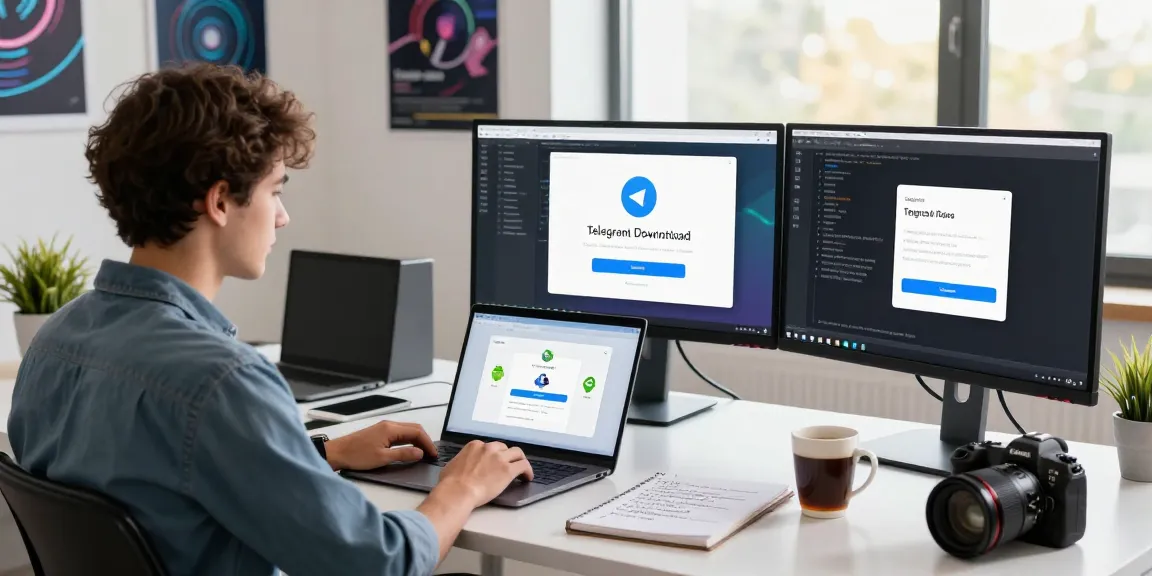 Focus on the Telegram Download process in a modern tech workspace with a developer, coding environment, and instructional materials.