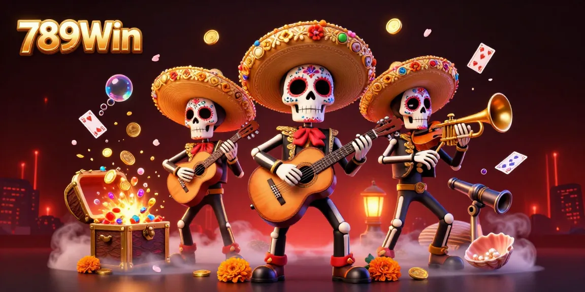 Engage with 789Win in an energetic 3D scene showcasing a skeleton mariachi band amidst exploding treasure.