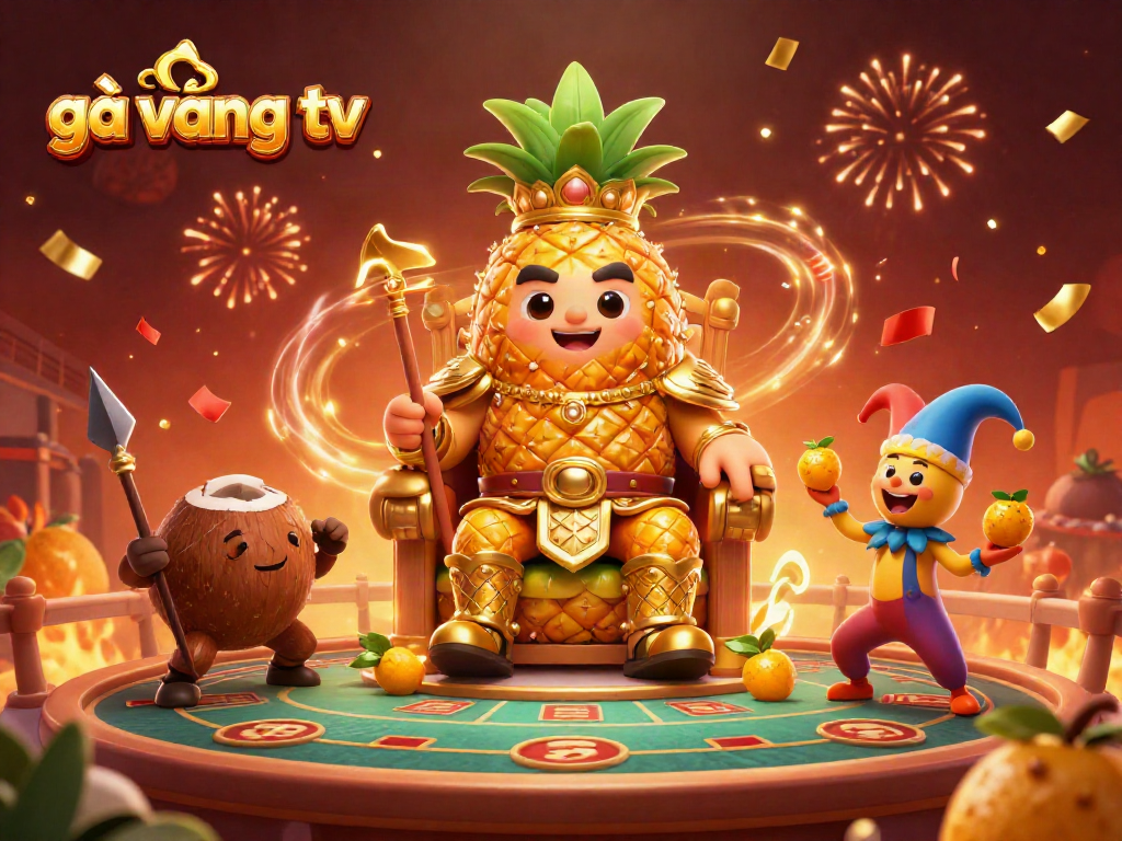 Engage with gà vàng tv in an exciting 3D illustration of a golden pineapple king ruling a lively gambling scene.