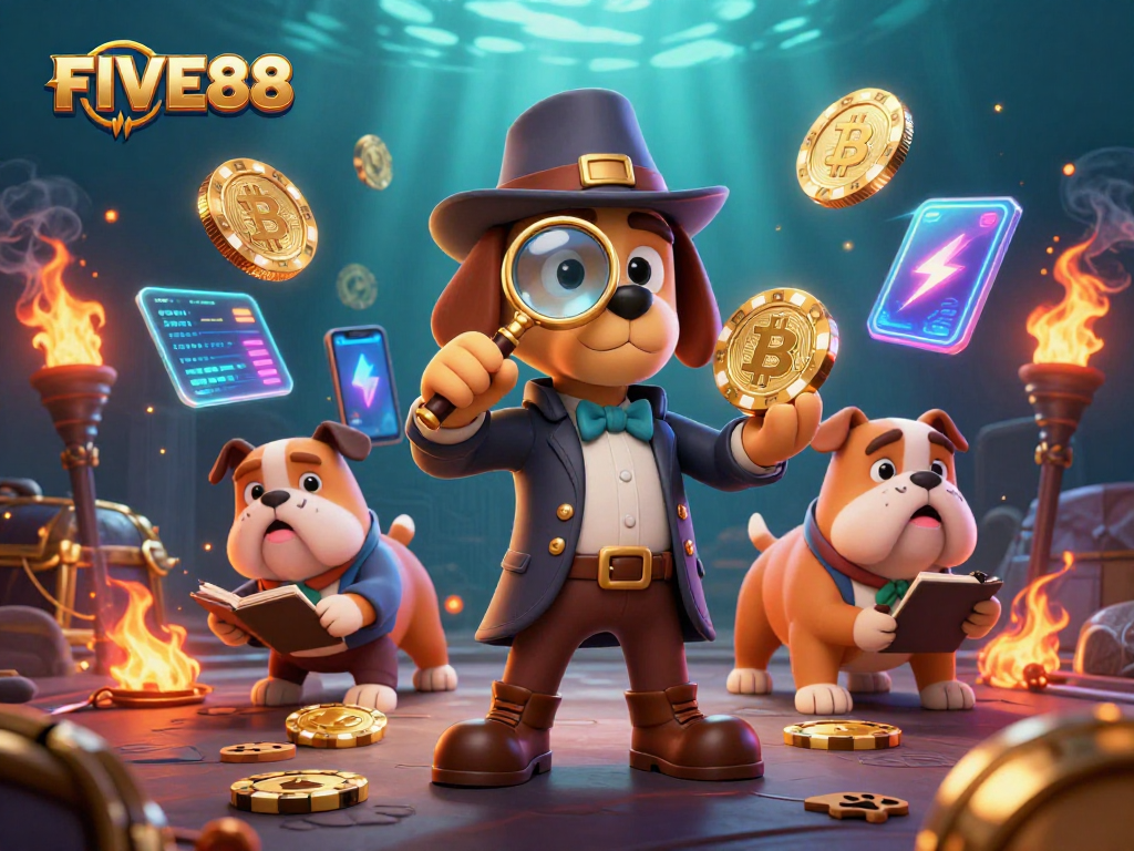 FIVE88 reveals winning poker chip treasures with blockchain elements in a detective scene.