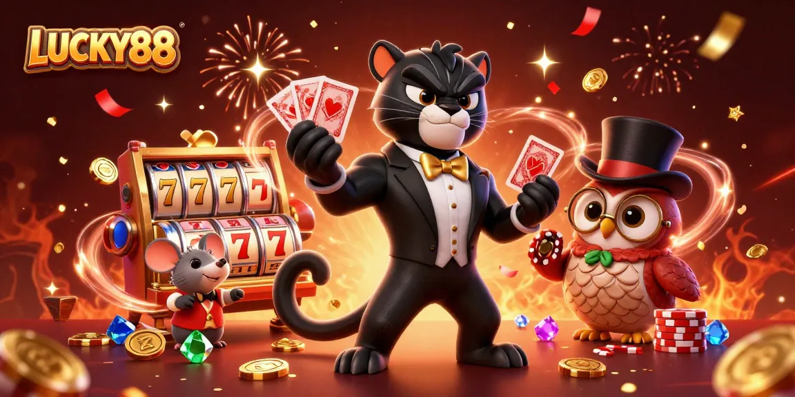 LUCKY88 illustrates thrilling casino action with enchanting characters interacting amidst vibrant slot elements.