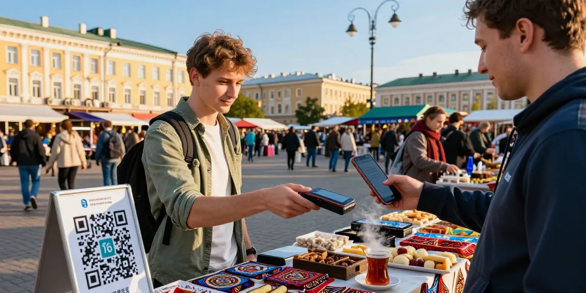 Un viajero en un mercado ruso utilizando https://payinrussia.com/ para realizar un pago digital, rodeado de vendedores locales y un ambiente vibrante.