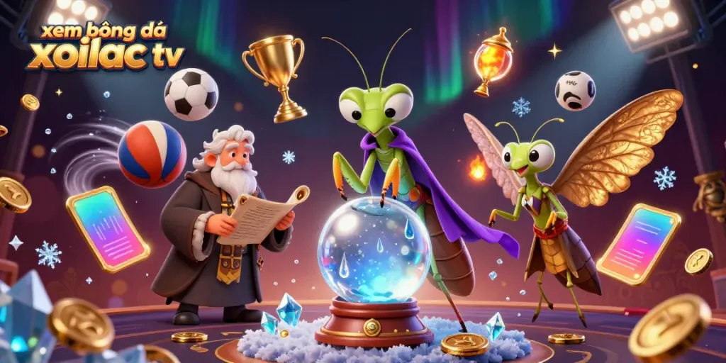 Engage in xem bóng đá xoilac tv with dynamic 3D characters and rich sports elements in a vibrant illustration.