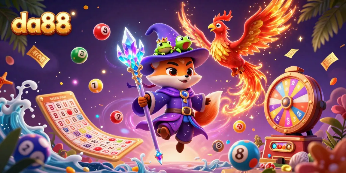 Engage in thrilling gameplay at da88 with vibrant lottery balls bouncing dynamically in an enchanting casino scene.