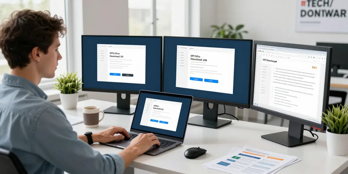 WPS Download setup featuring a user engaging with a laptop, showcasing a modern office workspace.