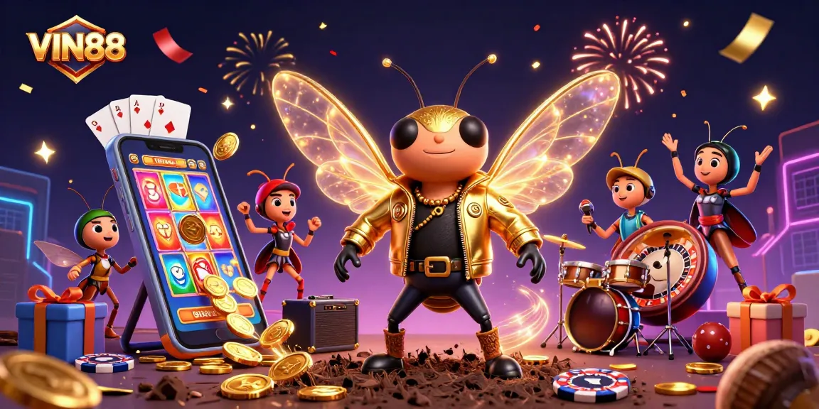 VIN88 scores big with a vibrant scene showcasing a festive 3D illustration of a rock star cicada and casino elements.