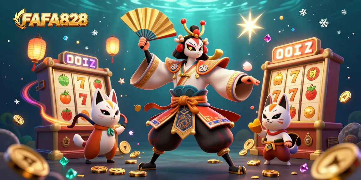 Experience thrilling jackpots with FAFA828's vibrant 3D illustration showcasing a kabuki warrior and slot games.