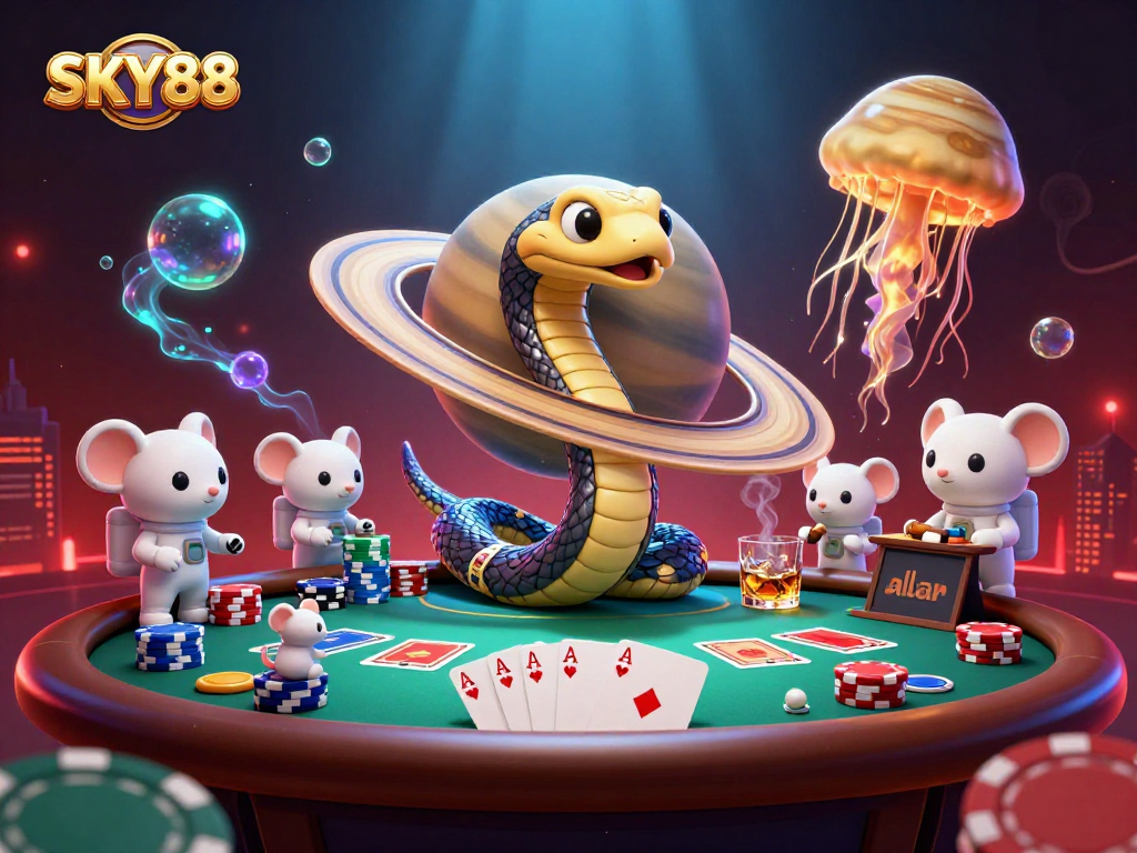 Experience immersive betting action at SKY88 with cartoon cosmic elements and vibrant casino atmosphere.
