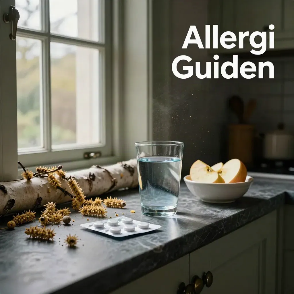Björkkvistar, antihistamin, vattenglas och äppelskivor på en fönsterbräda i gryningsljus.