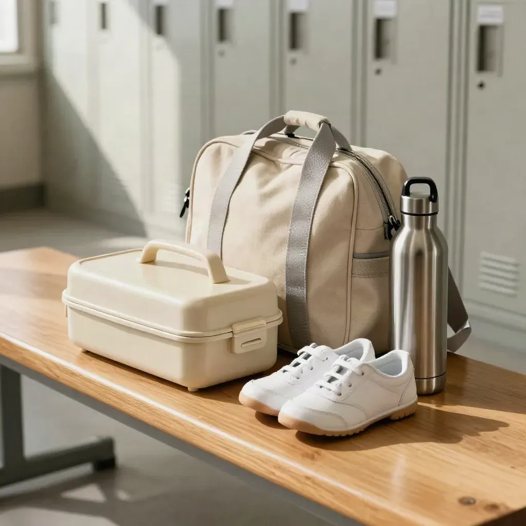 Skolstartens gympaket på en bänk i skolans korridor