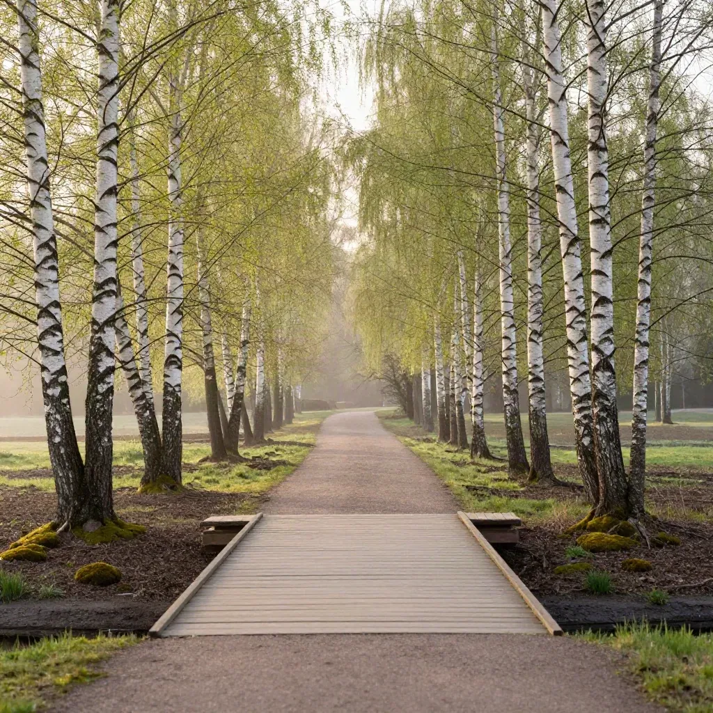 Vy från en bro över park med björk, al och gräs i vårskifte och morgondimma.