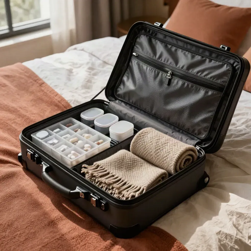 Reseväska på hotellsäng med reseförpackningar, pillerask och hoprullad halsduk i morgonljus.