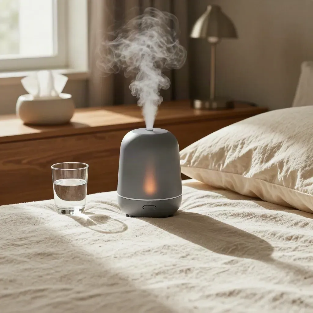 Humidifier, näsdukar och vattenglas vid sängen med mjuk ånga i ett varmt sovrum