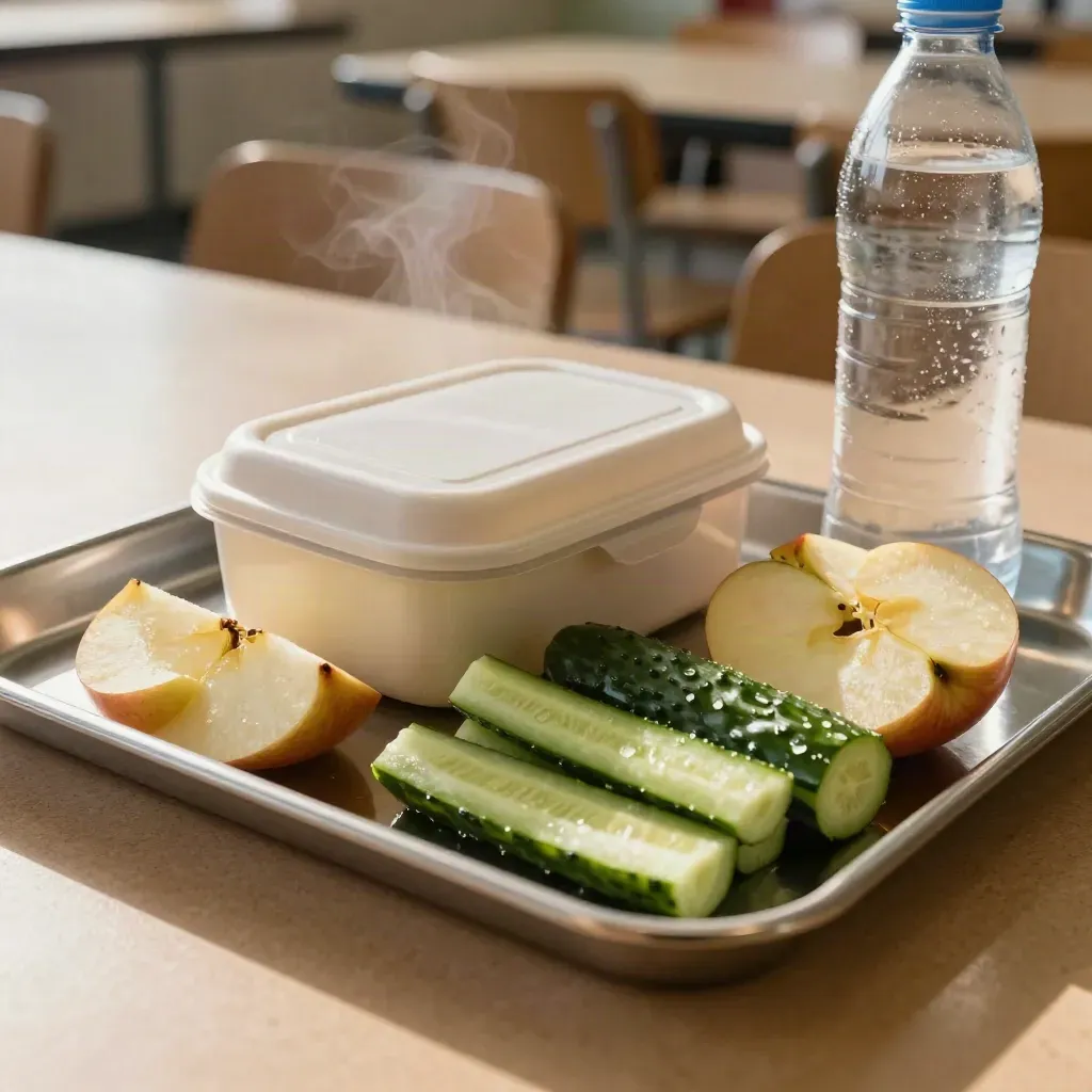 Skolmat på bricka med äppelbitar, gurkstavar och vattenflaska i varm cafeterialjus