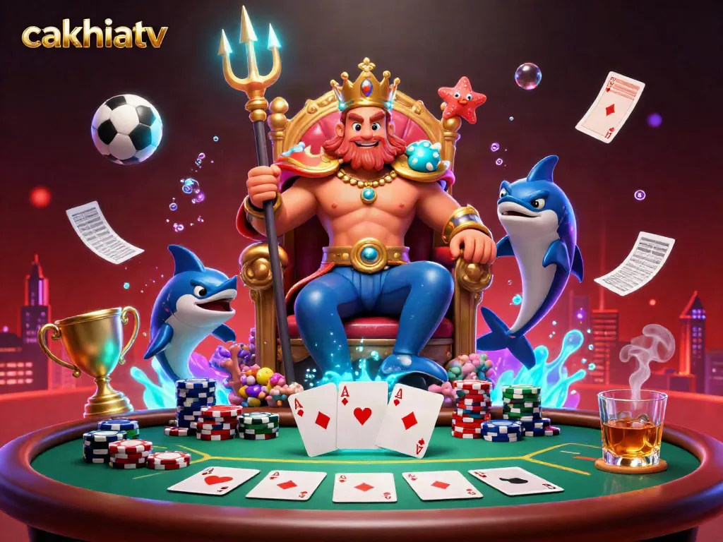 Cakhiatv showcases vibrant sports betting elements with Neptune and dynamic gambling visuals.