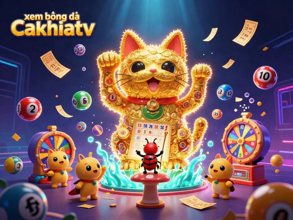 Experience xem bóng đá cakhiatv with a playful 3D illustration of a lucky cat and dynamic casino elements.