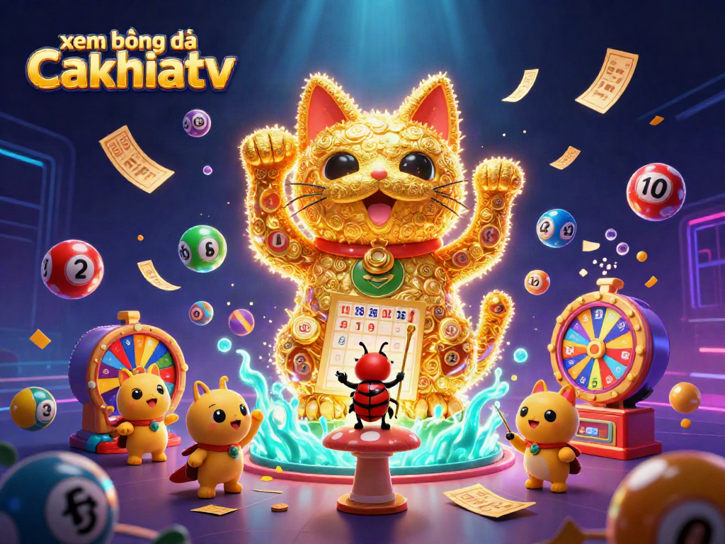 Experience xem bóng đá cakhiatv with a playful 3D illustration of a lucky cat and dynamic casino elements.