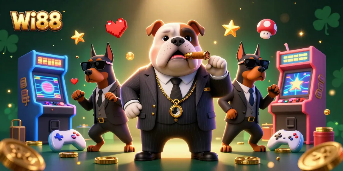 Experience thrilling gaming at Wi88 with vibrant casino illustrations featuring a mafia bulldog and his bodyguards.