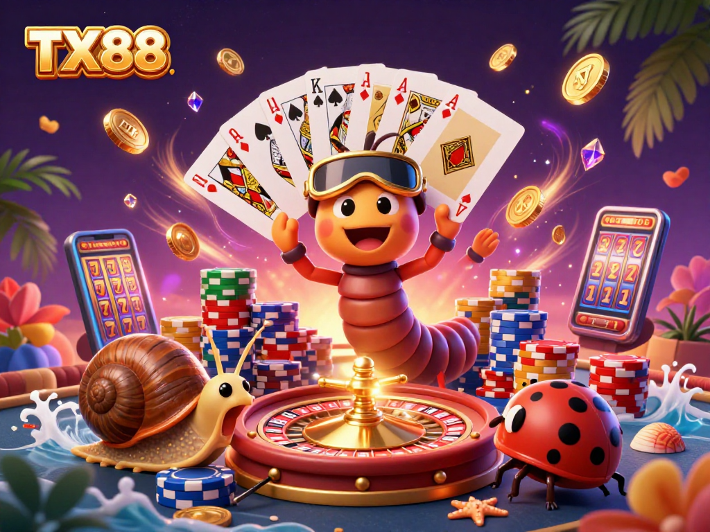 Experience winning at TX88 with a lively casino scene featuring a cartoon dealer and vibrant game elements.
