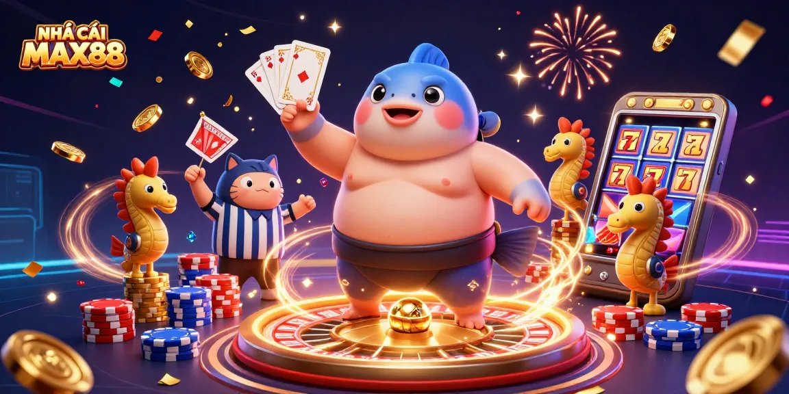 Engage with NHÀ CÁI MAX88 at this vibrant casino scene featuring unique characters and thrilling games.