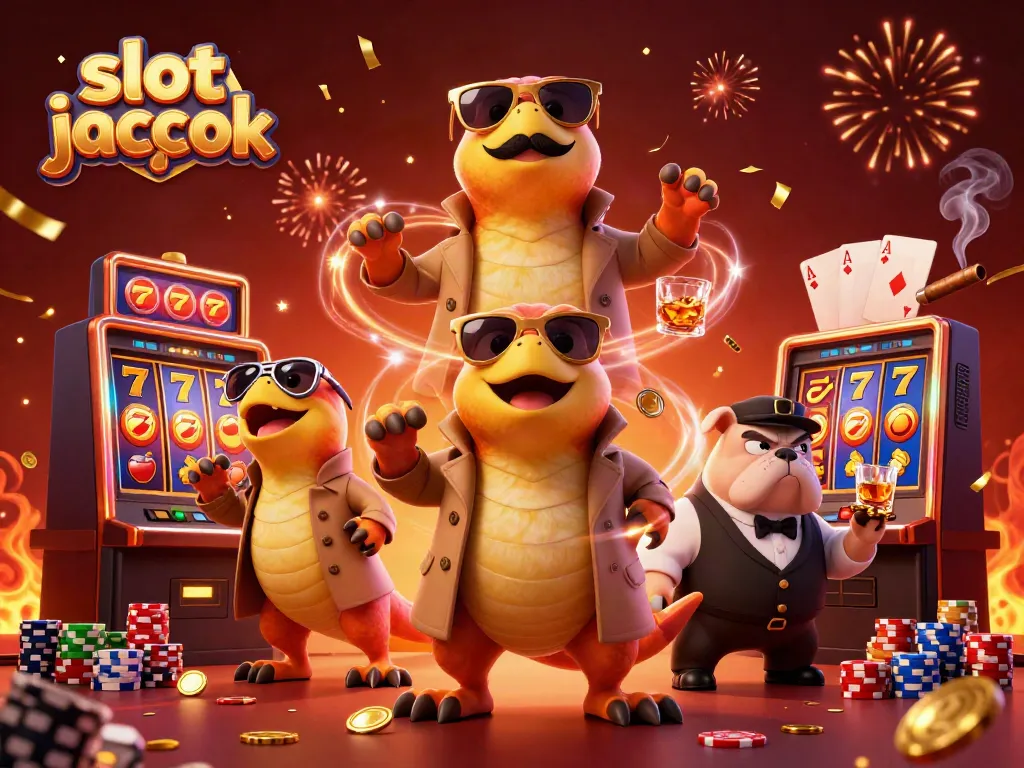 Three raptors in a trench coat explore a casino for the slot jackpot, surrounded by vibrant game elements.